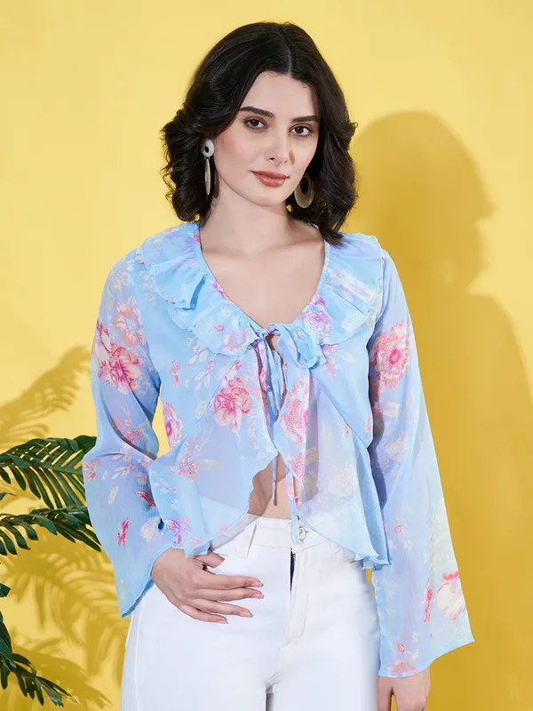 Women_Floral_Printed_Blue_Ruffled_Neck_Chiffon_Casual_Front_Tie-ups_Crop_Top