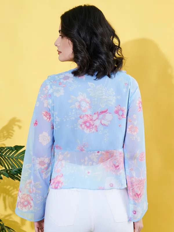 Women_Floral_Printed_Blue_Ruffled_Neck_Chiffon_Casual_Front_Tie-ups_Crop_Top