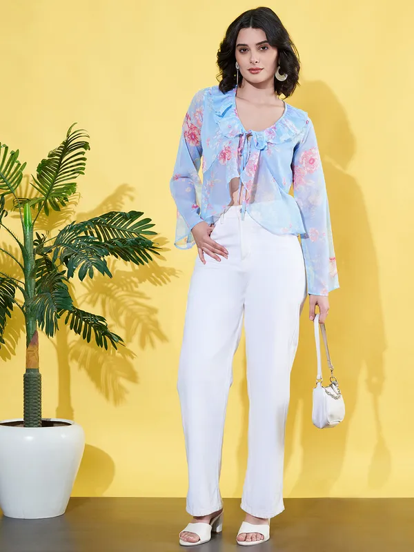 Women_Floral_Printed_Blue_Ruffled_Neck_Chiffon_Casual_Front_Tie-ups_Crop_Top