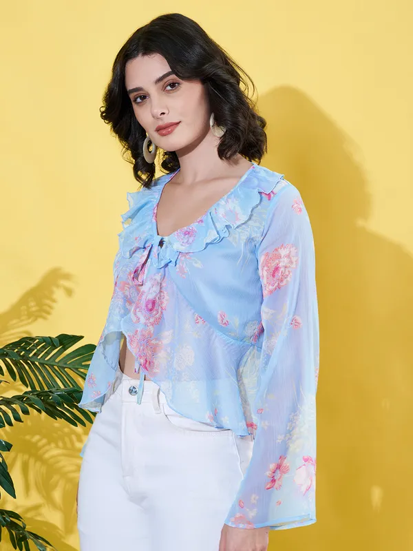Women_Floral_Printed_Blue_Ruffled_Neck_Chiffon_Casual_Front_Tie-ups_Crop_Top