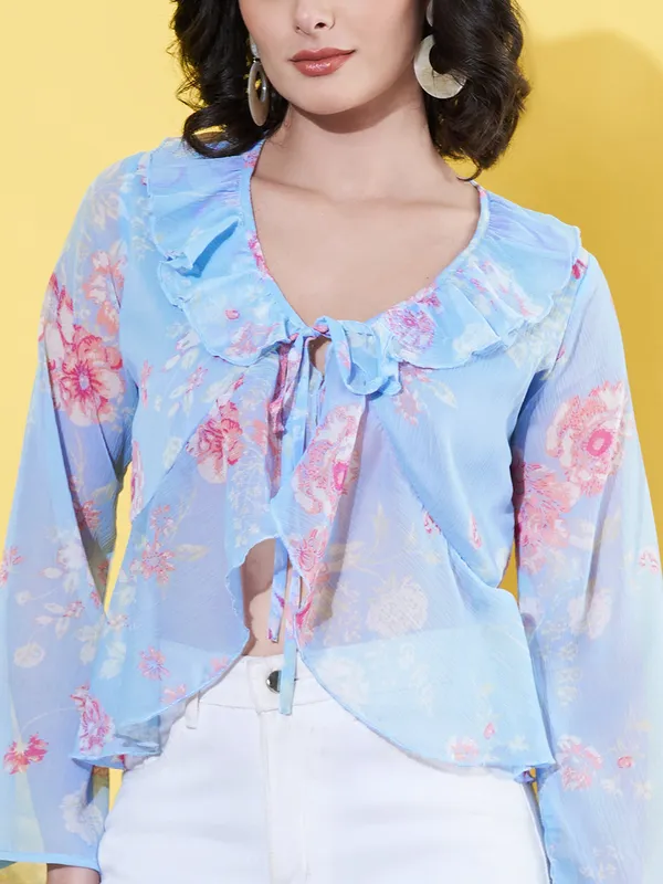 Women_Floral_Printed_Blue_Ruffled_Neck_Chiffon_Casual_Front_Tie-ups_Crop_Top