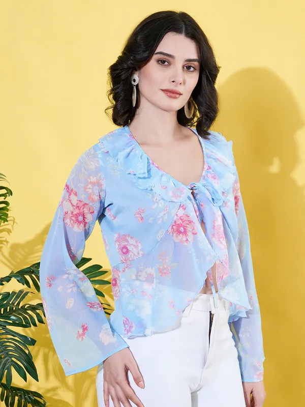 Women_Floral_Printed_Blue_Ruffled_Neck_Chiffon_Casual_Front_Tie-ups_Crop_Top