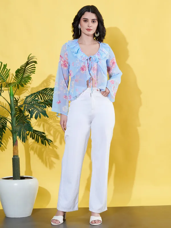 Women_Floral_Printed_Blue_Ruffled_Neck_Chiffon_Casual_Front_Tie-ups_Crop_Top