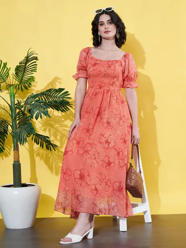 Women_Floral_Printed_Peach_Puff_Sleeve_Chiffon_Fit_&_Flare_Midi_Dress