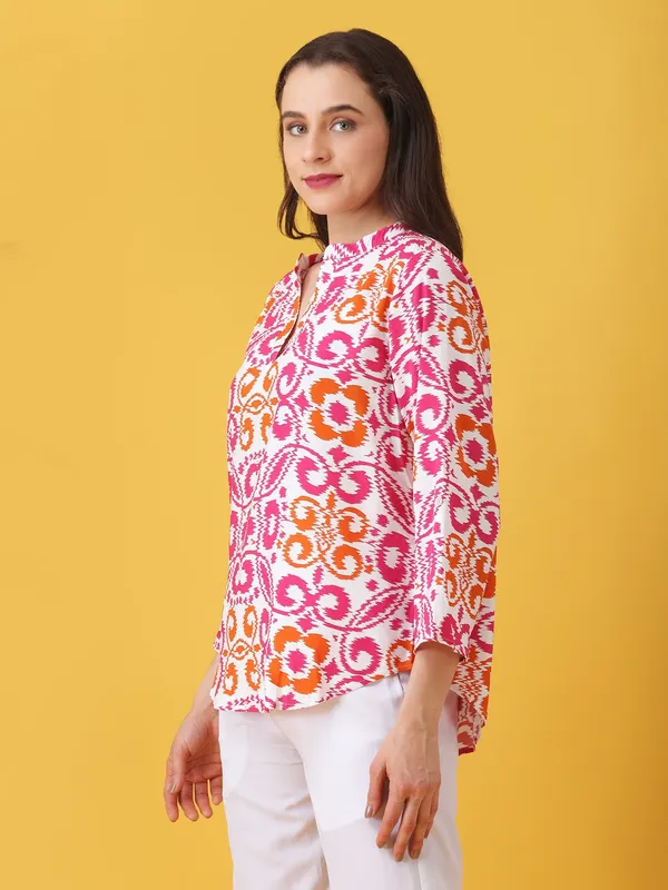 Women_Abstract_Printed_White_Mandarin_Neck_Roll_up_Sleeves_Rayon_Casual_Top