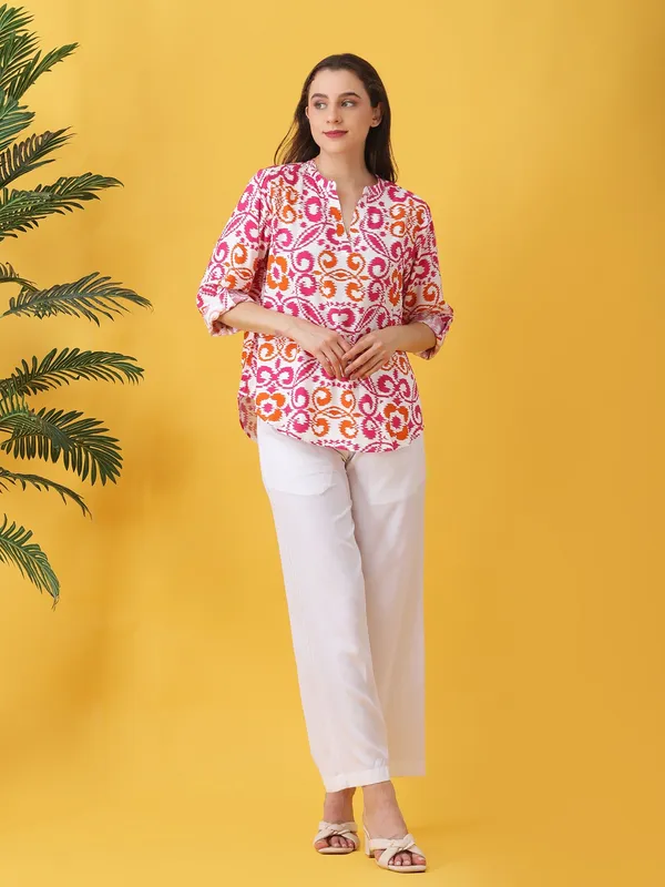 Women_Abstract_Printed_White_Mandarin_Neck_Roll_up_Sleeves_Rayon_Casual_Top
