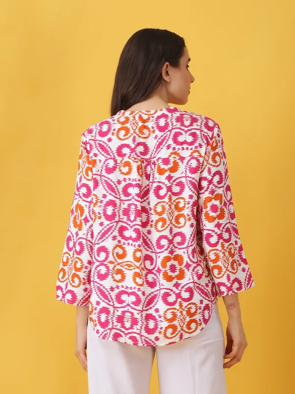 Women_Abstract_Printed_White_Mandarin_Neck_Roll_up_Sleeves_Rayon_Casual_Top