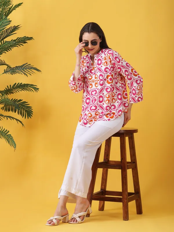 Women_Abstract_Printed_White_Mandarin_Neck_Roll_up_Sleeves_Rayon_Casual_Top