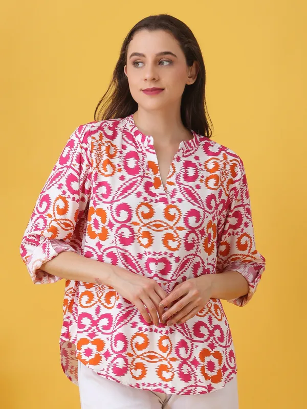 Women_Abstract_Printed_White_Mandarin_Neck_Roll_up_Sleeves_Rayon_Casual_Top