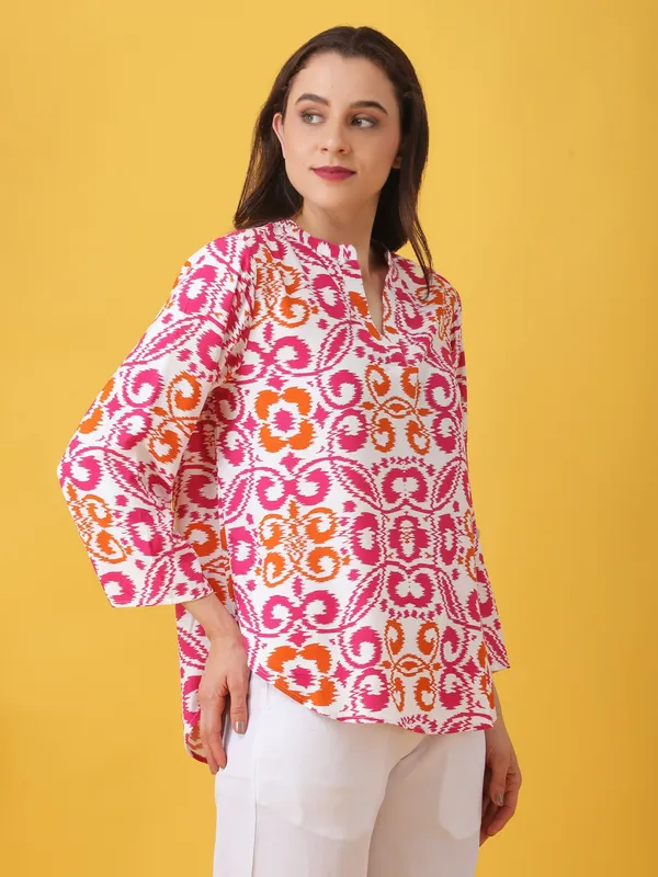 Women_Abstract_Printed_White_Mandarin_Neck_Roll_up_Sleeves_Rayon_Casual_Top