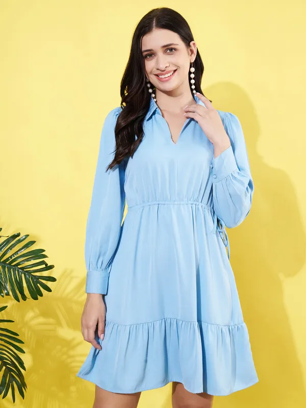Women_Powder_Blue_Spread_Collar_Cuffed_Sleeve_Mose_Crepe_Gathered_Fit_and_Flare_Mini_Dress