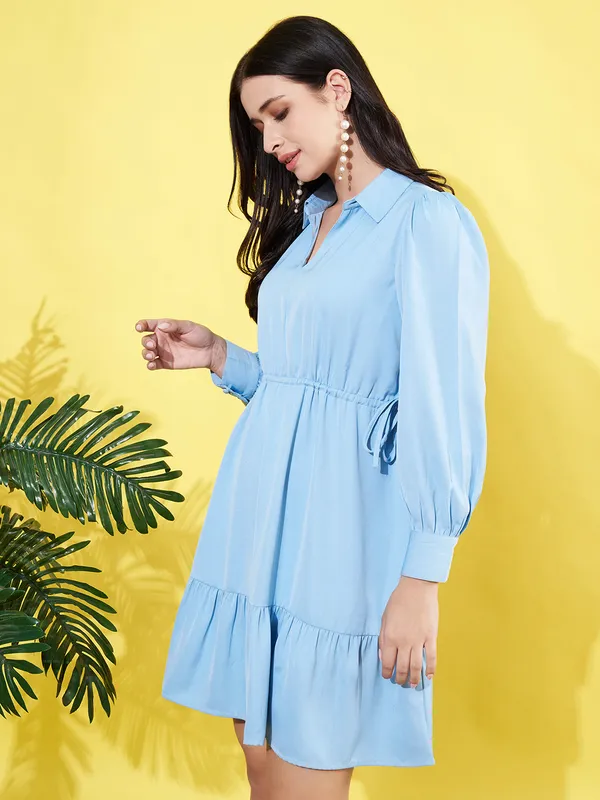 Women_Powder_Blue_Spread_Collar_Cuffed_Sleeve_Mose_Crepe_Gathered_Fit_and_Flare_Mini_Dress