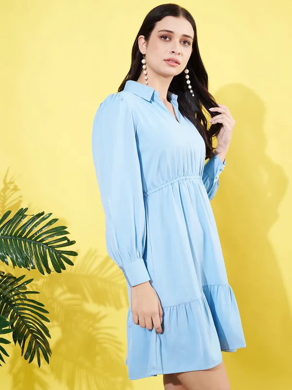 Women_Powder_Blue_Spread_Collar_Cuffed_Sleeve_Mose_Crepe_Gathered_Fit_and_Flare_Mini_Dress