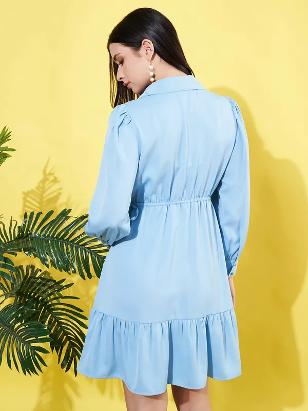 Women_Powder_Blue_Spread_Collar_Cuffed_Sleeve_Mose_Crepe_Gathered_Fit_and_Flare_Mini_Dress
