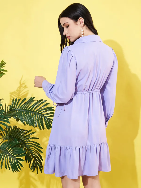 Women_Lavender_Spread_Collar_Cuffed_Sleeve_Mose_Crepe_Gathered_Fit_and_Flare_Mini_Dress