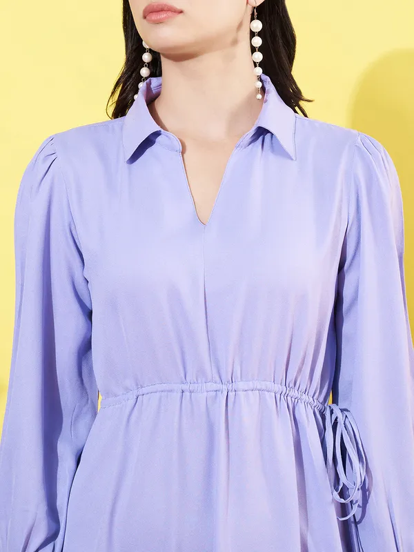 Women_Lavender_Spread_Collar_Cuffed_Sleeve_Mose_Crepe_Gathered_Fit_and_Flare_Mini_Dress