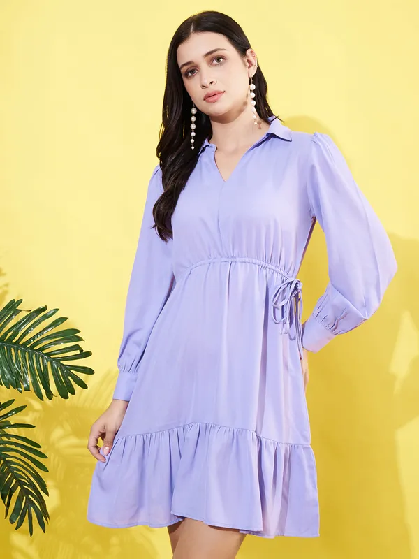 Women_Lavender_Spread_Collar_Cuffed_Sleeve_Mose_Crepe_Gathered_Fit_and_Flare_Mini_Dress