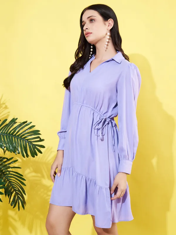 Women_Lavender_Spread_Collar_Cuffed_Sleeve_Mose_Crepe_Gathered_Fit_and_Flare_Mini_Dress