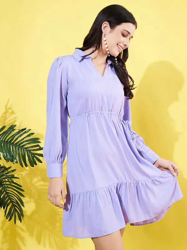 Women_Lavender_Spread_Collar_Cuffed_Sleeve_Mose_Crepe_Gathered_Fit_and_Flare_Mini_Dress