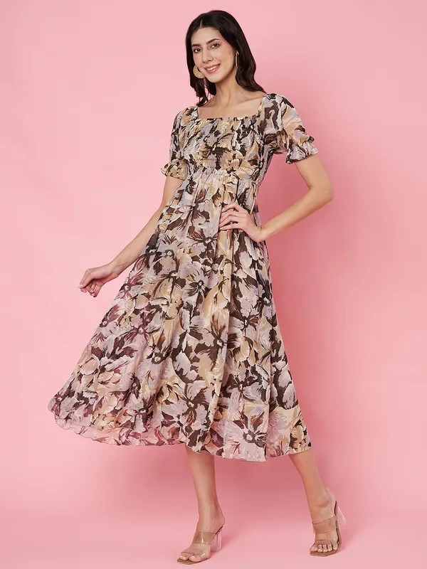 Floral_Print_Beige_Puff_Sleeve_Smocked_Chiffon_Fit_&_Flare_Midi_Dress