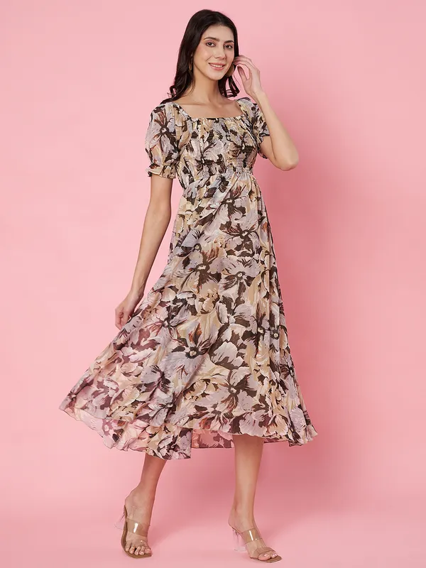Floral_Print_Beige_Puff_Sleeve_Smocked_Chiffon_Fit_&_Flare_Midi_Dress