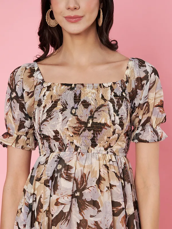 Floral_Print_Beige_Puff_Sleeve_Smocked_Chiffon_Fit_&_Flare_Midi_Dress