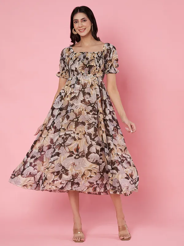 Floral_Print_Beige_Puff_Sleeve_Smocked_Chiffon_Fit_&_Flare_Midi_Dress