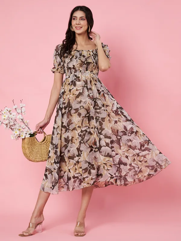 Floral_Print_Beige_Puff_Sleeve_Smocked_Chiffon_Fit_&_Flare_Midi_Dress