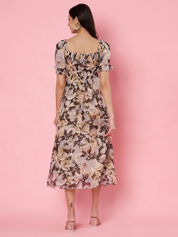 Floral_Print_Beige_Puff_Sleeve_Smocked_Chiffon_Fit_&_Flare_Midi_Dress
