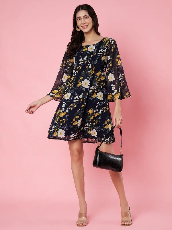 Floral_Printed_Blue_Scoop_Neck_Georgette_A-line_Mini_Dress