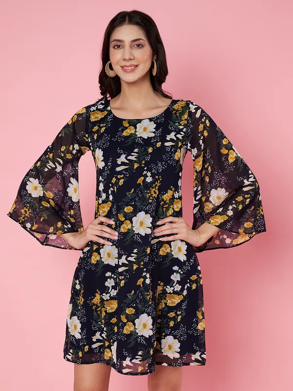 Floral_Printed_Blue_Scoop_Neck_Georgette_A-line_Mini_Dress