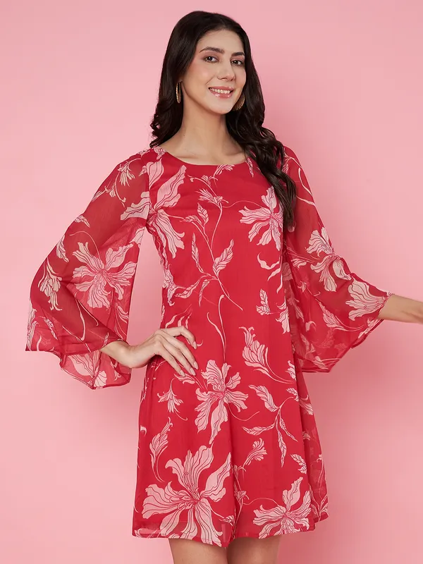 Floral_Printed_Hot_Pink_Scoop_Neck_Chiffon_A-line_Mini_Dress
