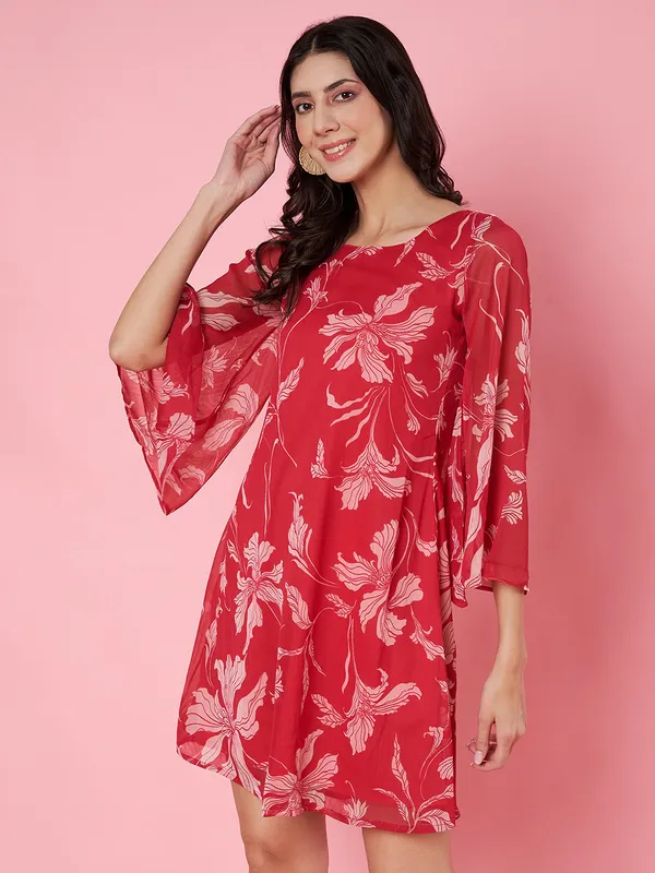 Floral_Printed_Hot_Pink_Scoop_Neck_Chiffon_A-line_Mini_Dress