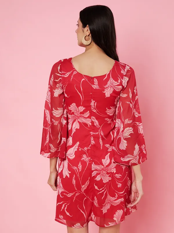 Floral_Printed_Hot_Pink_Scoop_Neck_Chiffon_A-line_Mini_Dress