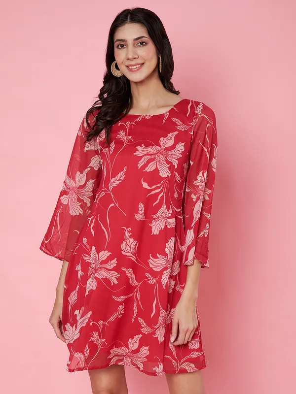 Floral_Printed_Hot_Pink_Scoop_Neck_Chiffon_A-line_Mini_Dress