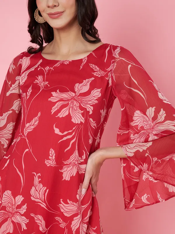 Floral_Printed_Hot_Pink_Scoop_Neck_Chiffon_A-line_Mini_Dress