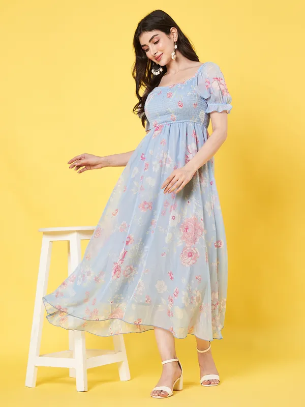 Western_Stylish_Women_Floral_Printed_Light_Blue_Square_Neck_Puff_Sleeve_Chiffon_Fit_and_Flare_Midi_Dress