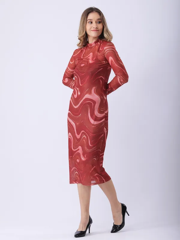Abstract_Printed_Rust_Mock_Neck_Long_Sleeve_Lycra_Net_Bodycon_Midi_Party_Dress_With_Cami