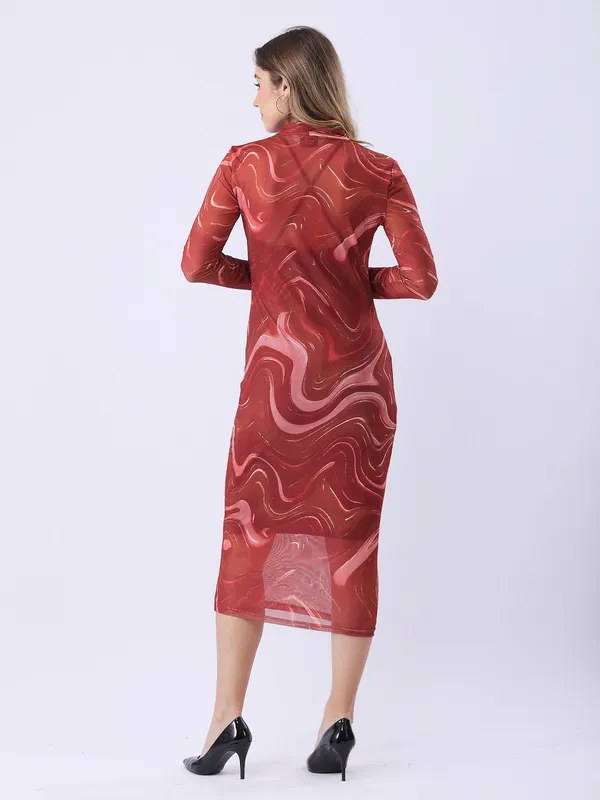 Abstract_Printed_Rust_Mock_Neck_Long_Sleeve_Lycra_Net_Bodycon_Midi_Party_Dress_With_Cami