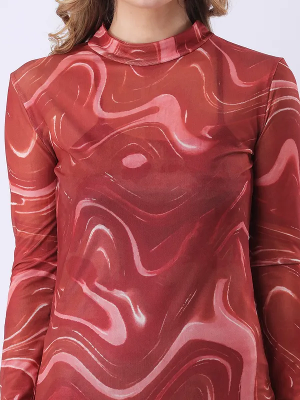 Abstract_Printed_Rust_Mock_Neck_Long_Sleeve_Lycra_Net_Bodycon_Midi_Party_Dress_With_Cami