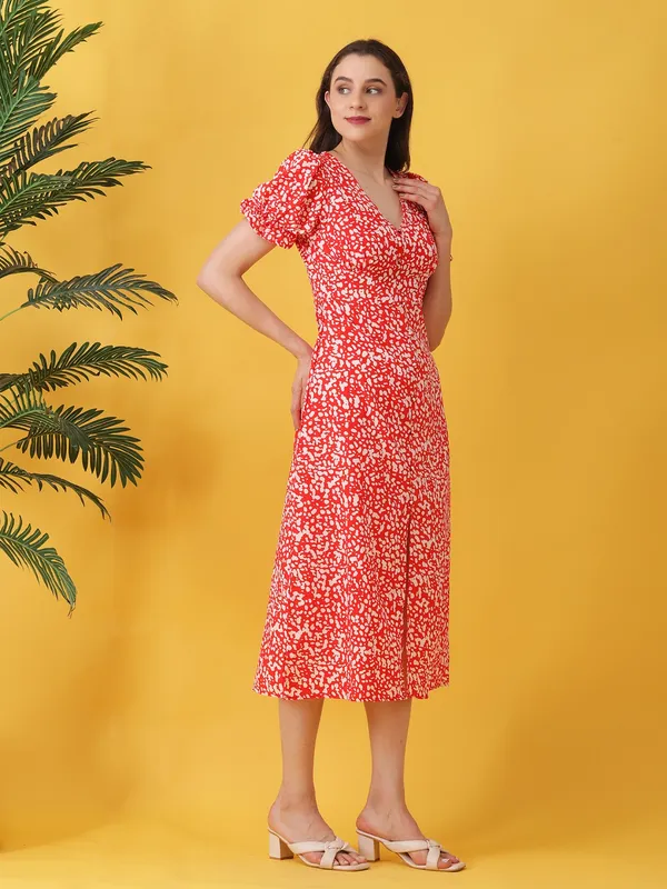 Abstract_Printed_Orange_Crepe_V_Neck_Short_Puff_Sleeve_Fit_and_Flare_Midi_Dress