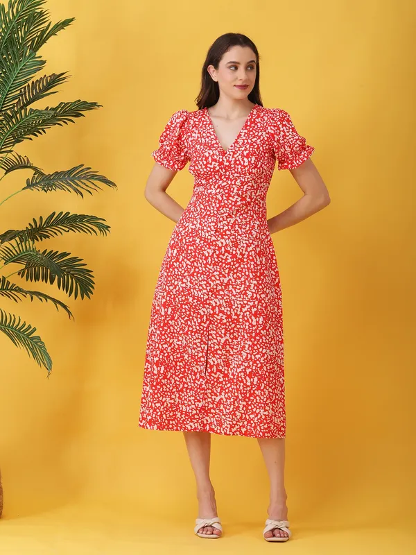 Abstract_Printed_Orange_Crepe_V_Neck_Short_Puff_Sleeve_Fit_and_Flare_Midi_Dress
