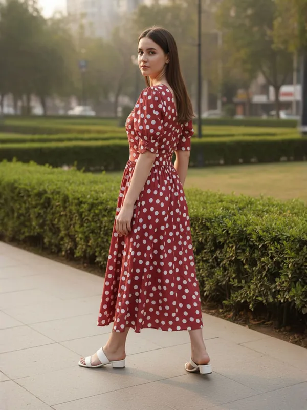 Polka_Dot_Printed_Rust_Sweetheart_Neck_Half_Sleeve_Fit_and_Flare_Knee_Length_Dress