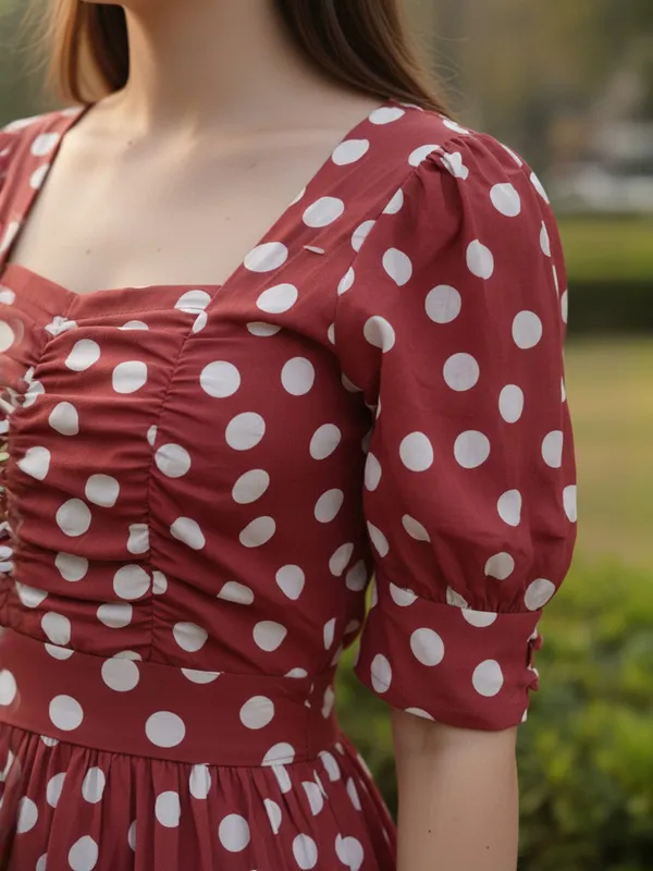 Polka_Dot_Printed_Rust_Sweetheart_Neck_Half_Sleeve_Fit_and_Flare_Knee_Length_Dress