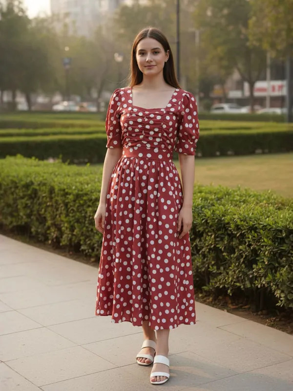 Polka_Dot_Printed_Rust_Sweetheart_Neck_Half_Sleeve_Fit_and_Flare_Knee_Length_Dress