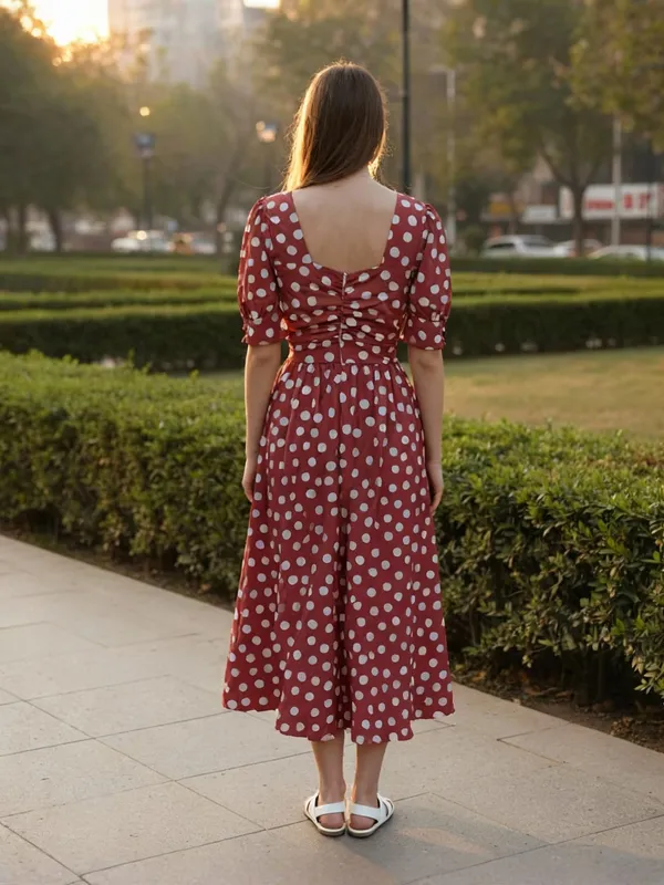Polka_Dot_Printed_Rust_Sweetheart_Neck_Half_Sleeve_Fit_and_Flare_Knee_Length_Dress