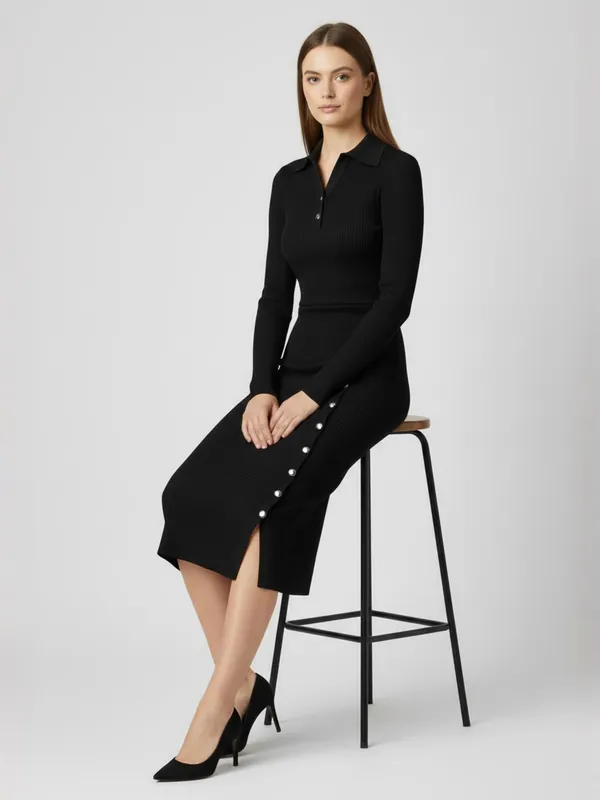 Women_Black_Ribbed_Collared_Neck_Bodycon_Dress