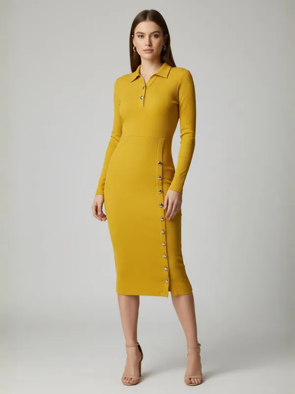 Women_Yellow_Ribbed_Collared_Neck_Bodycon_Dress
