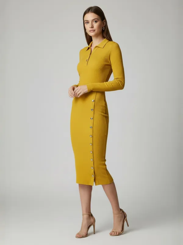 Women_Yellow_Ribbed_Collared_Neck_Bodycon_Dress