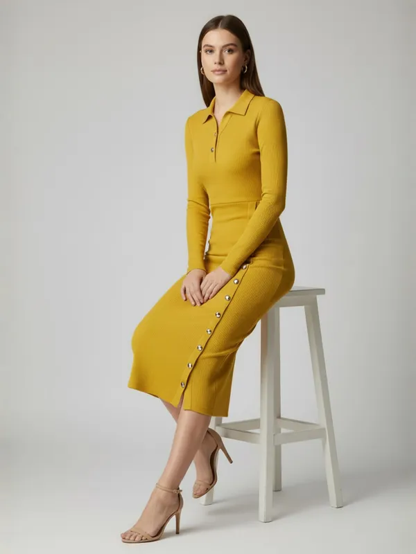 Women_Yellow_Ribbed_Collared_Neck_Bodycon_Dress